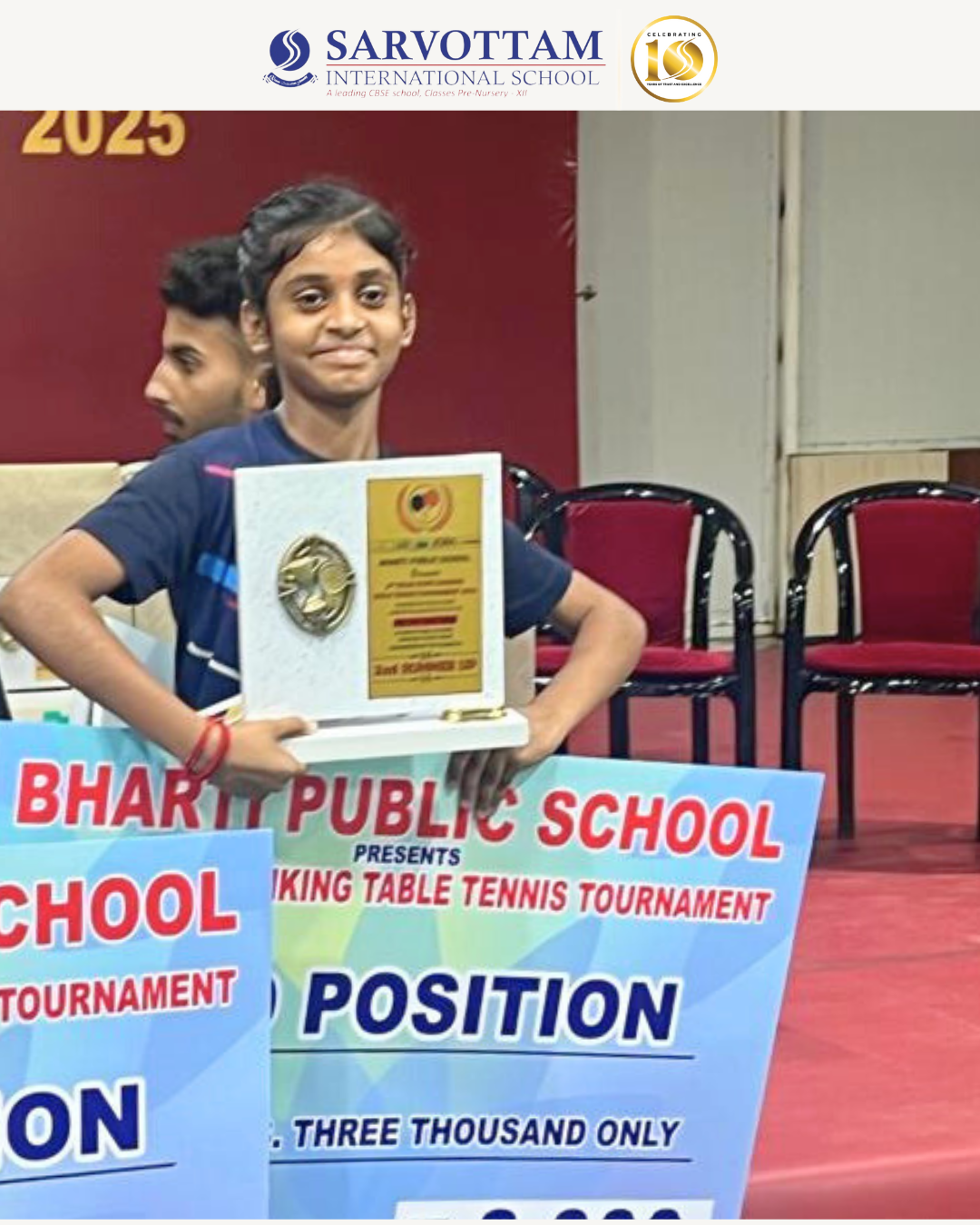 WE ARE PROUD TO SHARE THAT AKSHITA SECURED THE 2ND RUNNER UP POSITION IN THE DELHI STATE RANKING TABLE TENNIS TOURNAMENT SHE RECEIVED A TROPHY AND A CASH PRIZE OF 3000 RUPEES FOR HER OUTSTANDING PERFORMANCE AND DEDICATION