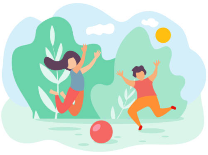 A cartoon of kids jumping and playing with a ball